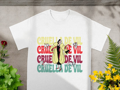 White t-shirt with "Cruella De Vil" text in colorful block letters.