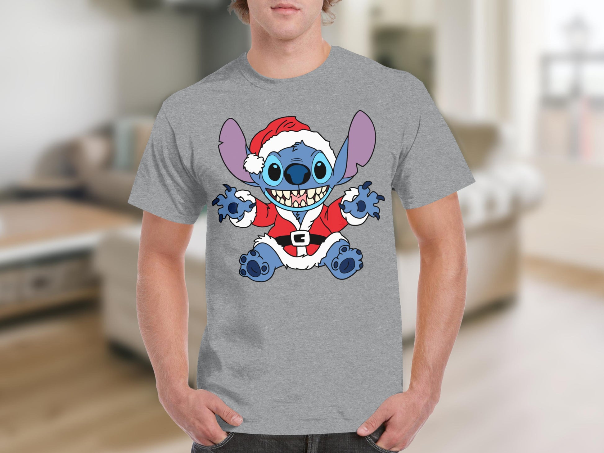 Cute Stitch Santa Claus Gray Graphic T-Shirt