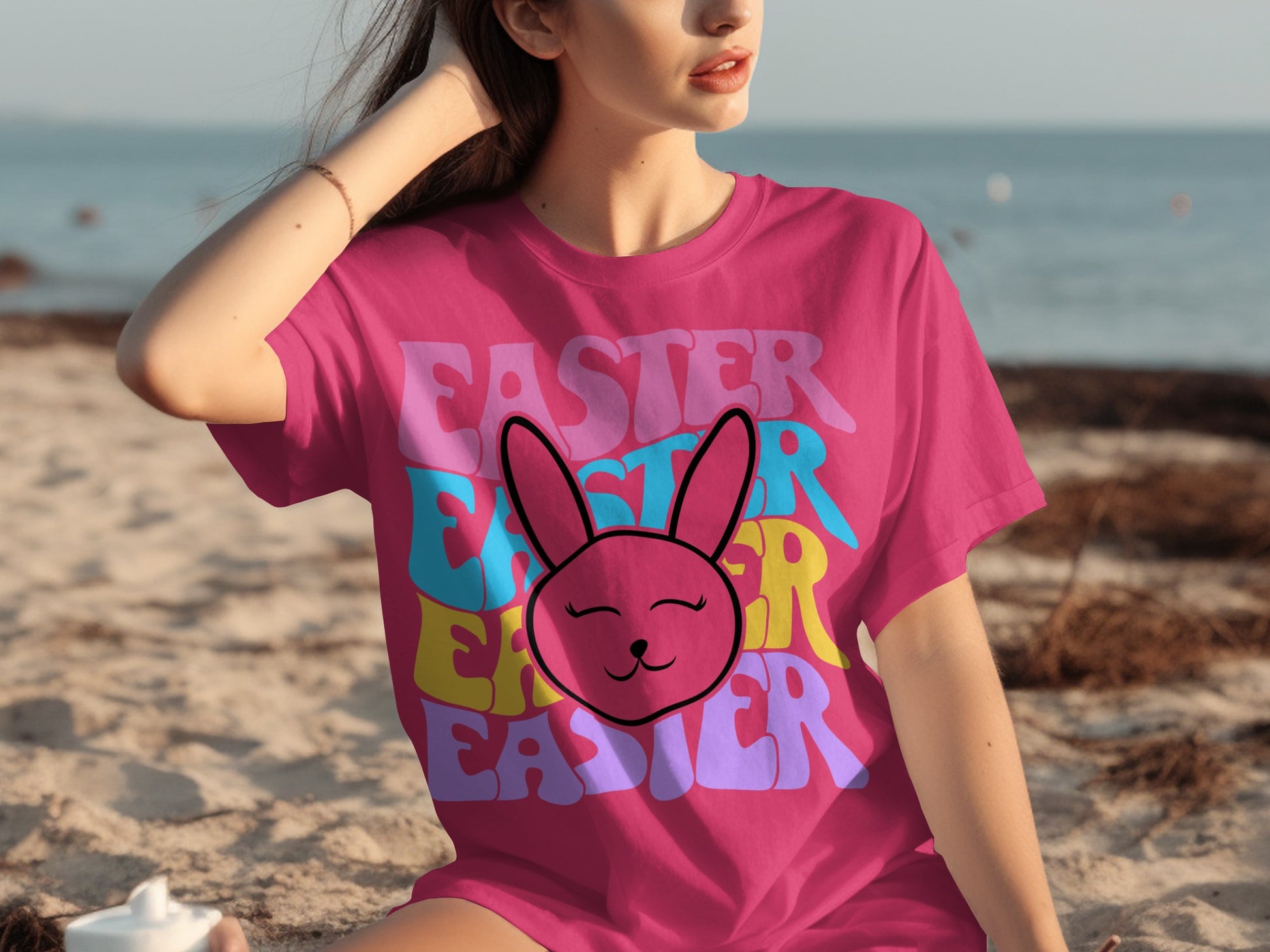 Bright Pink Easter Bunny Graphic Print T-shirt