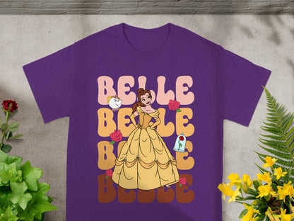 Purple t-shirt with Belle from Beauty and the Beast and floral accents.