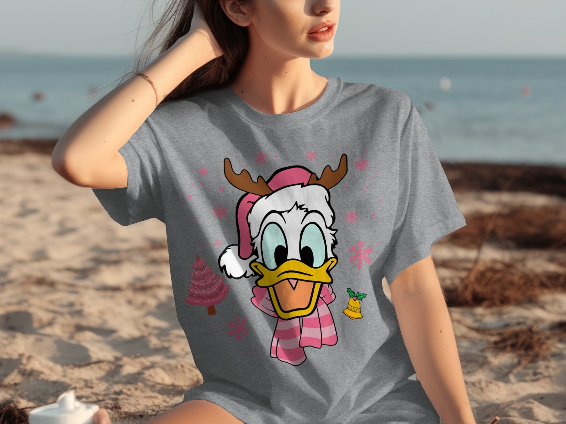Christmas Duck Reindeer Hat Graphic Tee Shirt