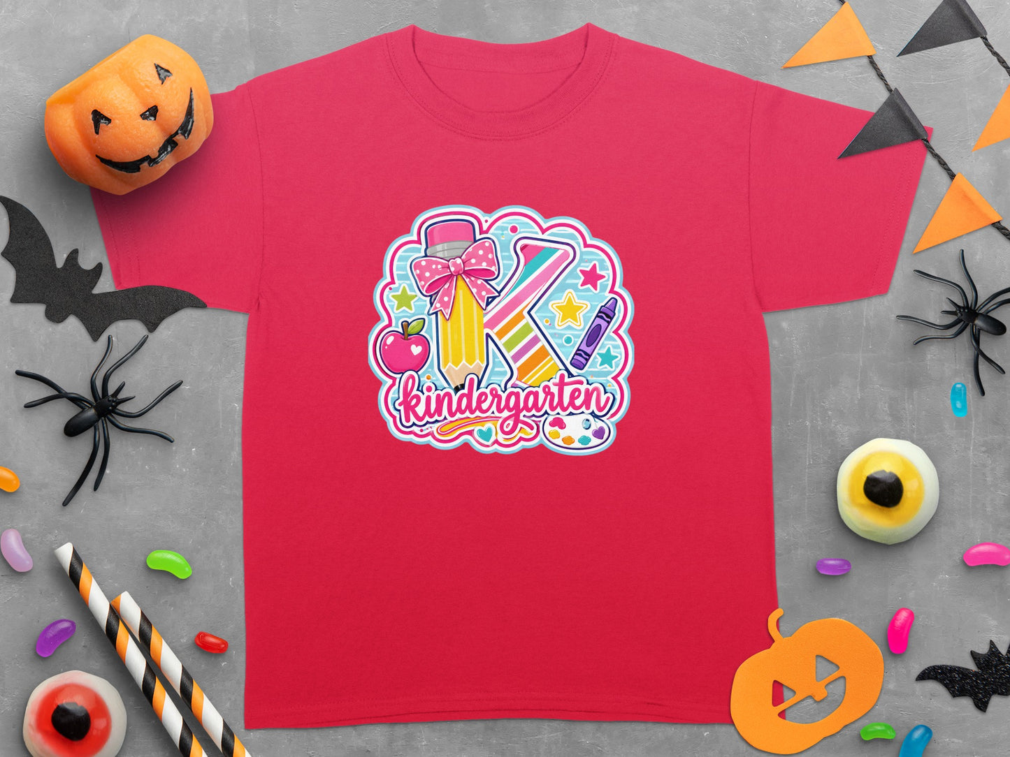 Red t-shirt with "Kindergarten" and letter "K" school-themed graphic.