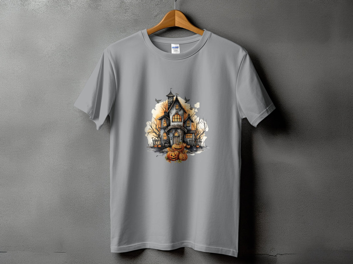 Gray t-shirt with a watercolor haunted house and pumpkins graphic.