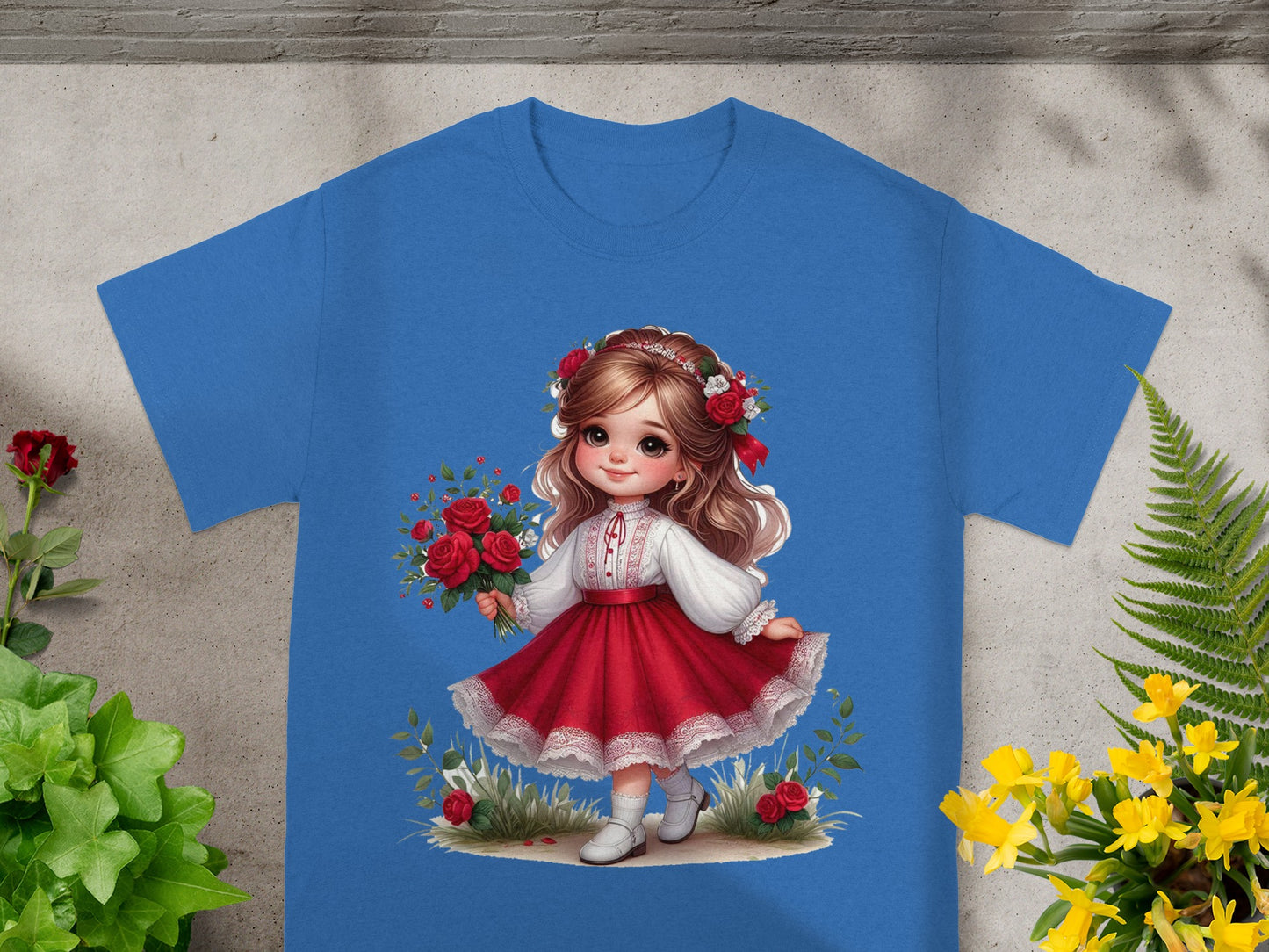 Blue t-shirt featuring illustration of a young girl holding red roses.