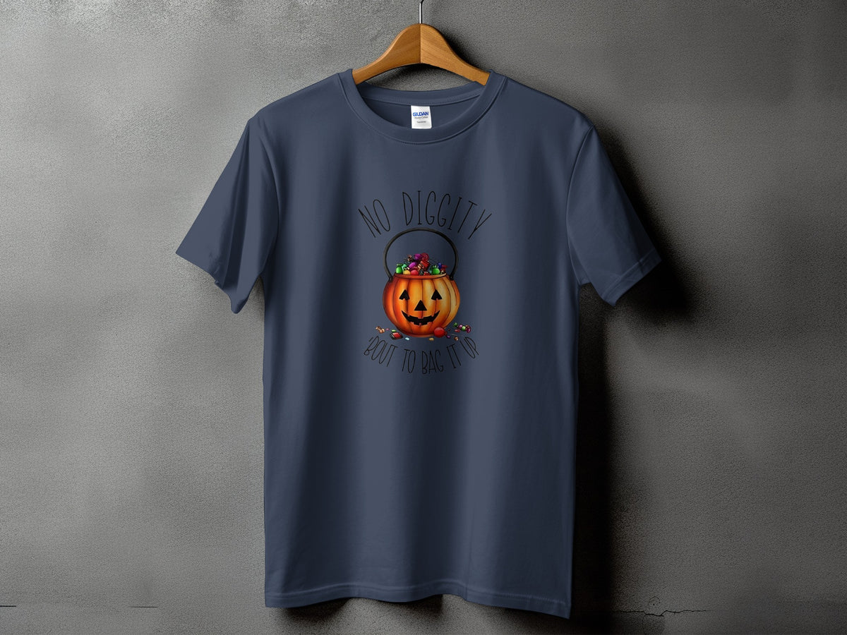 Dark blue t-shirt with pumpkin candy bucket graphic and text "No Diggity Bout To Bag It Up".