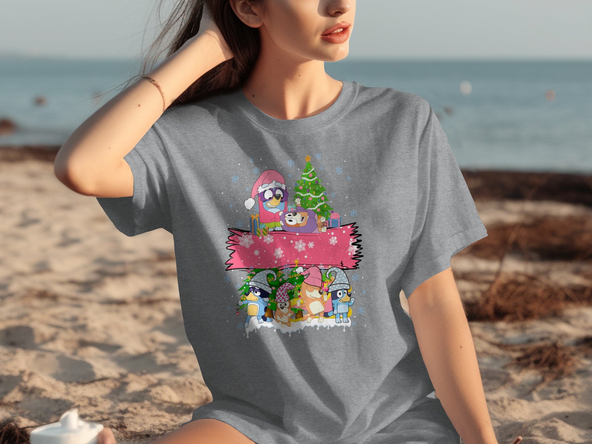 Cute Christmas Characters Beach Scene T-Shirt