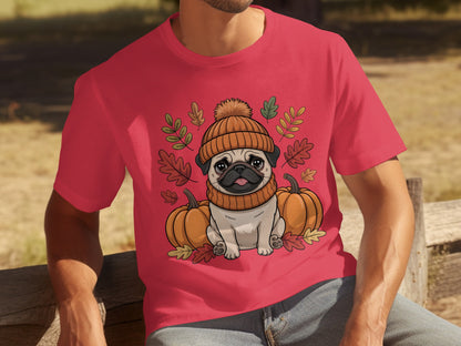 Pug Dog in Beanie with Pumpkins T-Shirt for Fall