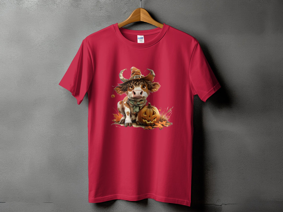 Red t-shirt with a cow in a witch hat and a jack-o'-lantern.