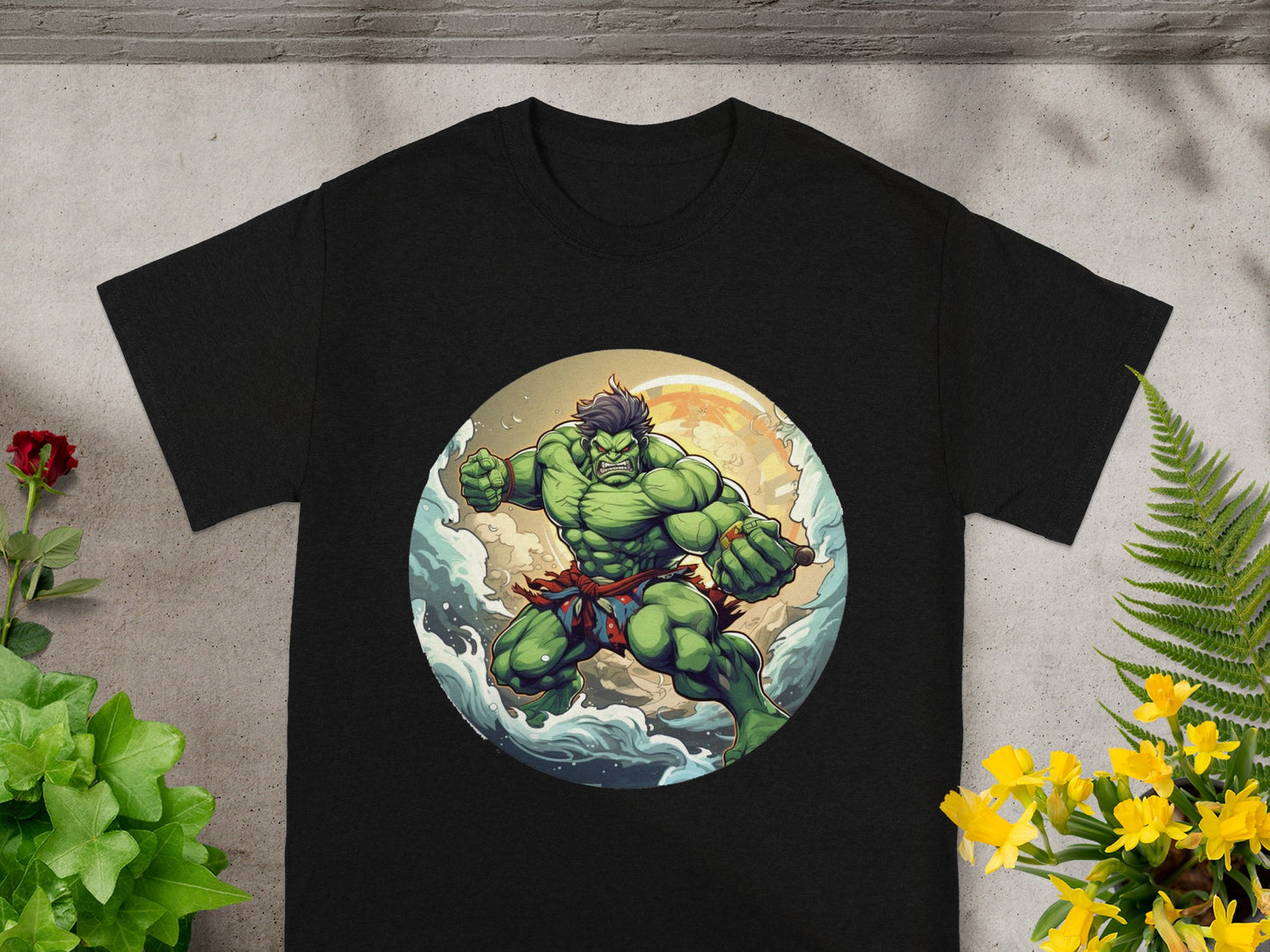 Hulk flexing with green fists in a circular, comic-style illustration.