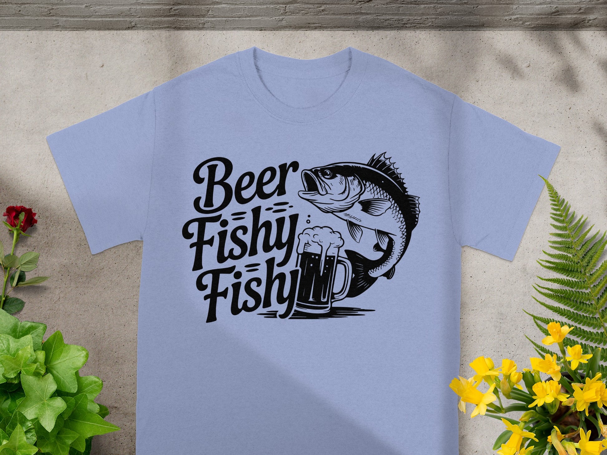 Light blue t-shirt with black text "Beer Fishy Fishy" and a bass fish and beer mug graphic.