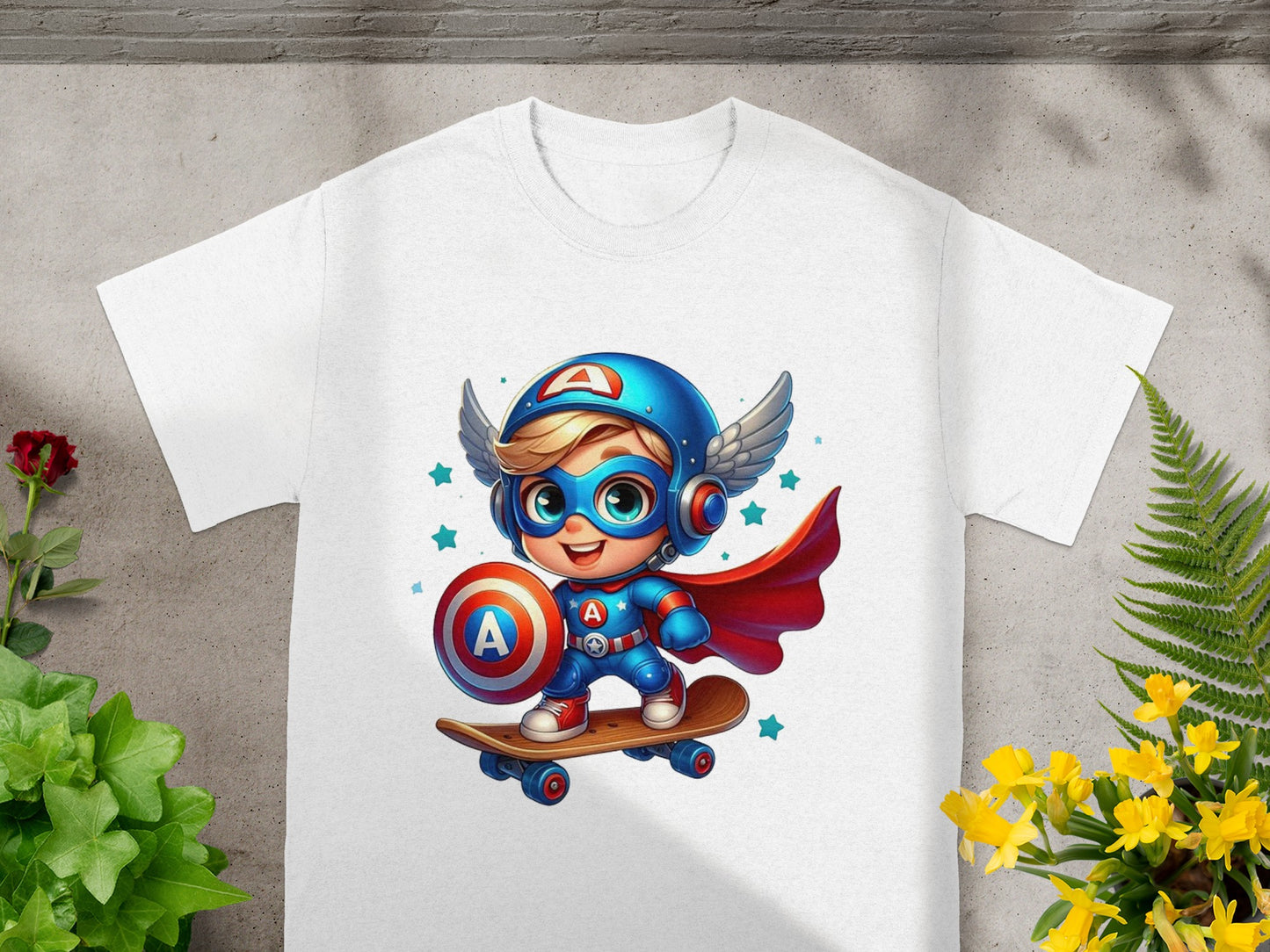 Cartoon superhero boy on skateboard wearing shield and cape.