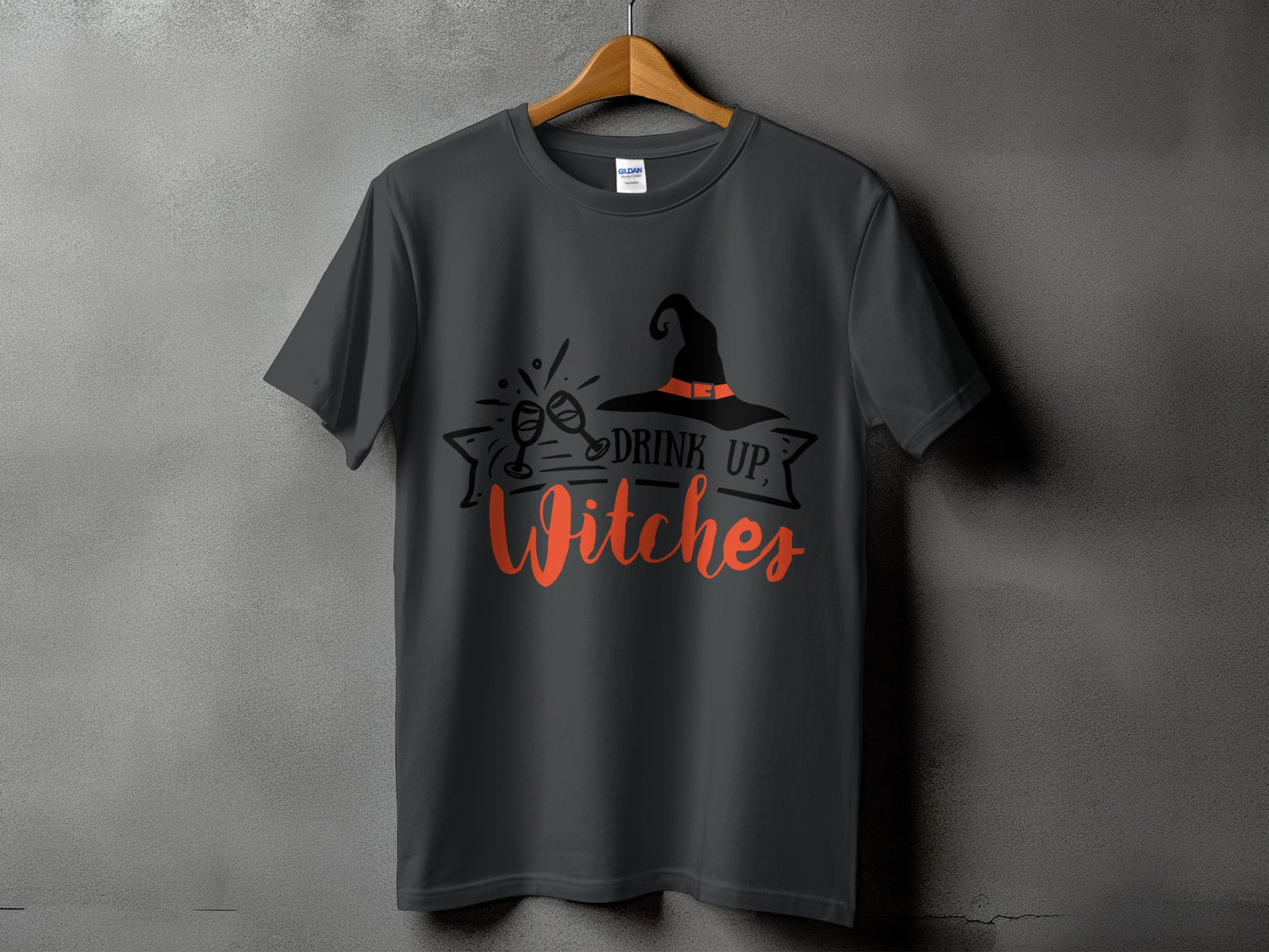 Dark gray t-shirt with "Drink Up, Witches" Halloween graphic.