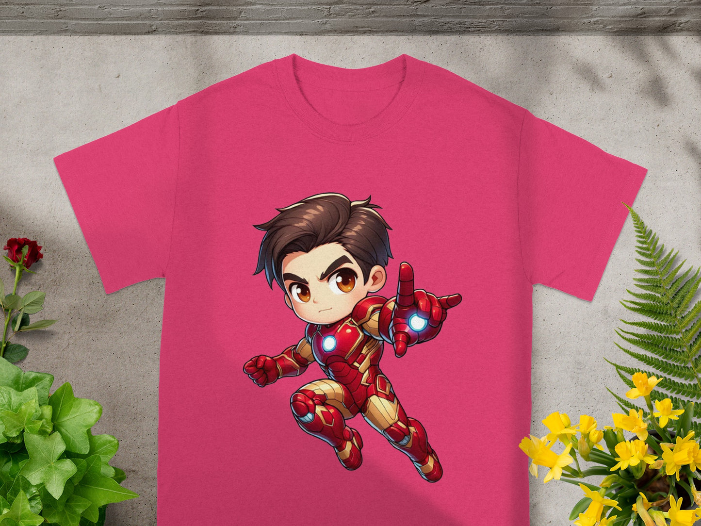 Chibi Iron Man in red and gold armor pointing finger on a pink t-shirt.