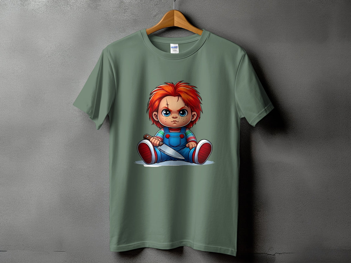 Green t-shirt with Chucky doll illustration holding a knife