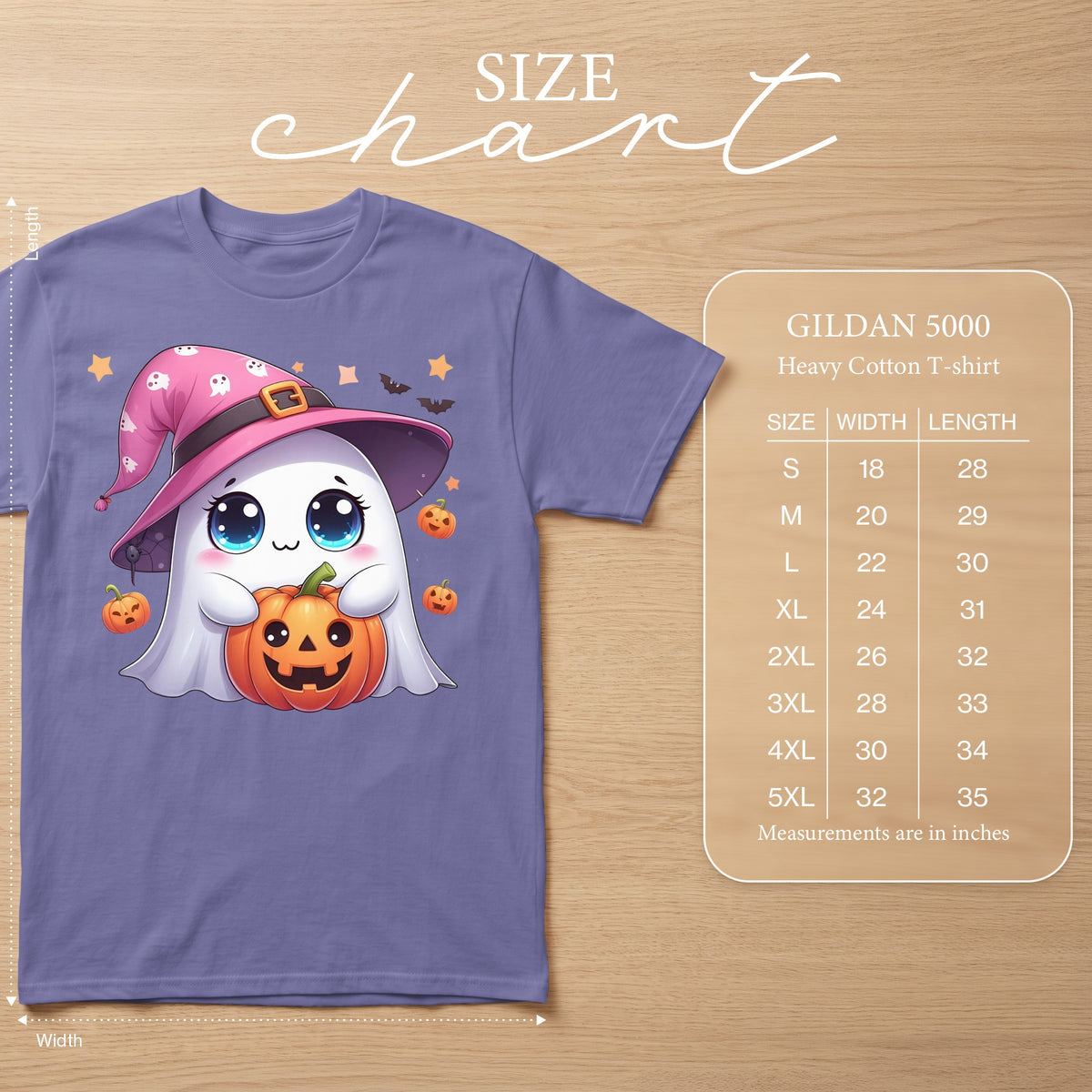 Purple t-shirt with cute ghost holding pumpkin, Gildan 5000 size chart.