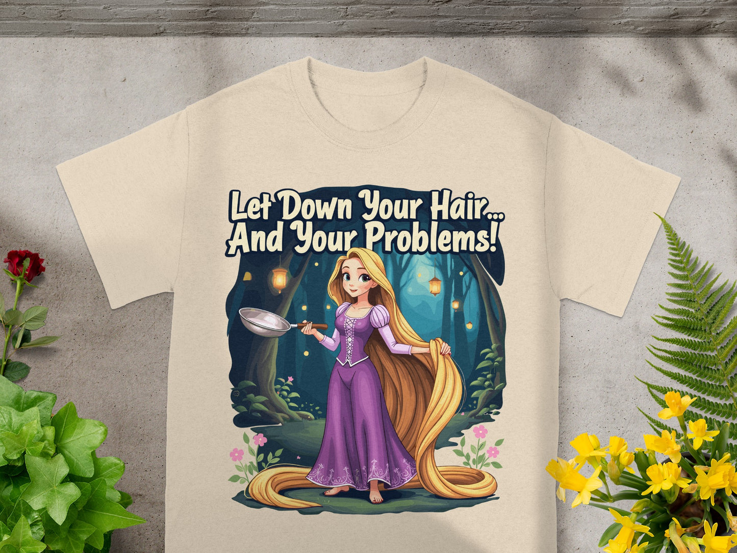 Rapunzel with long blonde hair, holding a frying pan, in a forest.