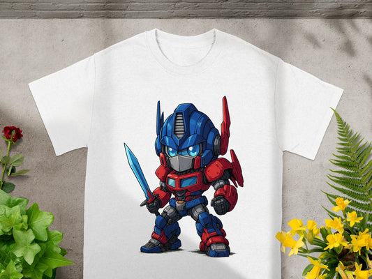 Chibi Optimus Prime with sword on white t-shirt.