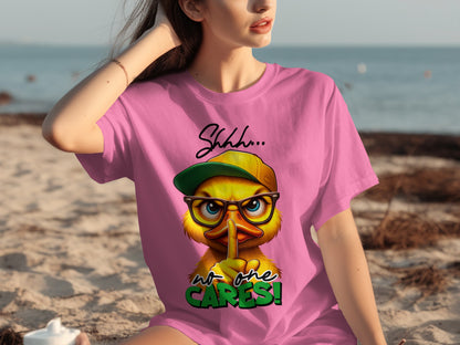 Shhh No One Cares Cartoon Duck Graphic Shirt