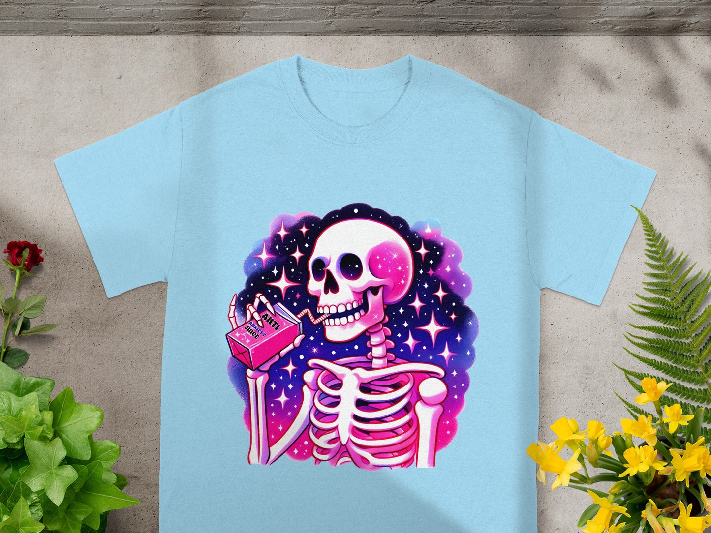 Vibrant Skeleton Drinking Juice Graphic T-shirt