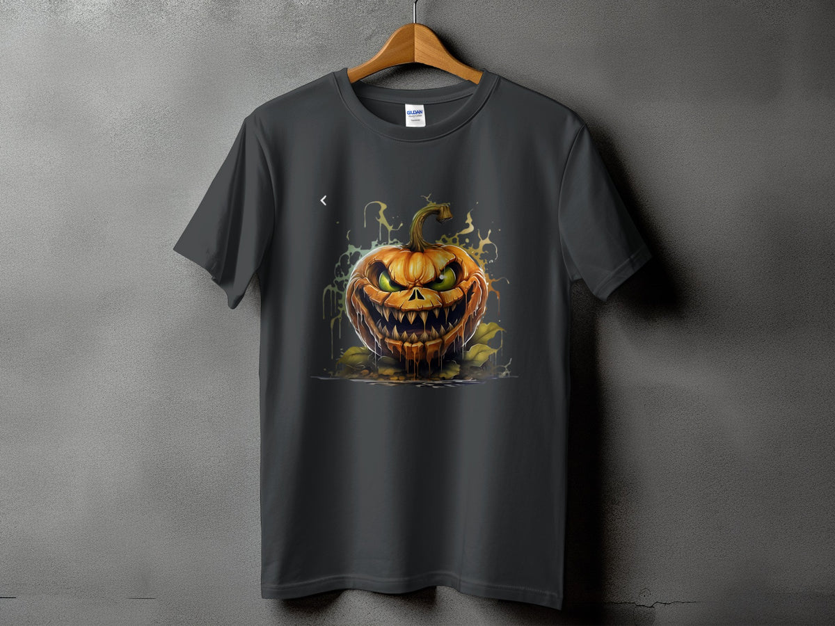 Dark grey t-shirt with a scary jack-o'-lantern design and yellow splashes.