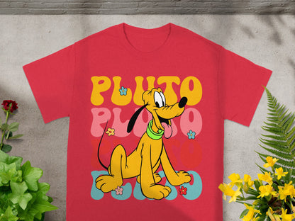 Red t-shirt with retro Pluto design and colorful "PLUTO" text.