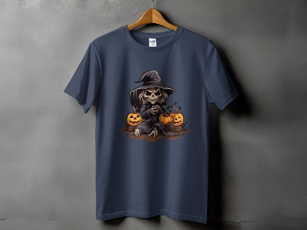 Dark blue t-shirt with a Halloween graphic of a skeleton witch and pumpkins.