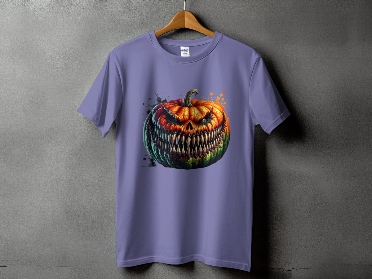 Purple t-shirt with a menacing, grinning jack-o'-lantern graphic.