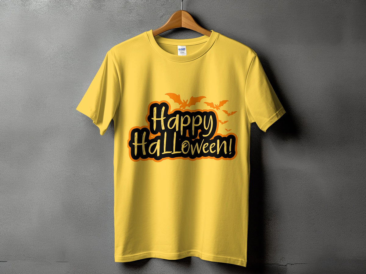 Yellow t-shirt with "Happy Halloween!" text and bats graphic.