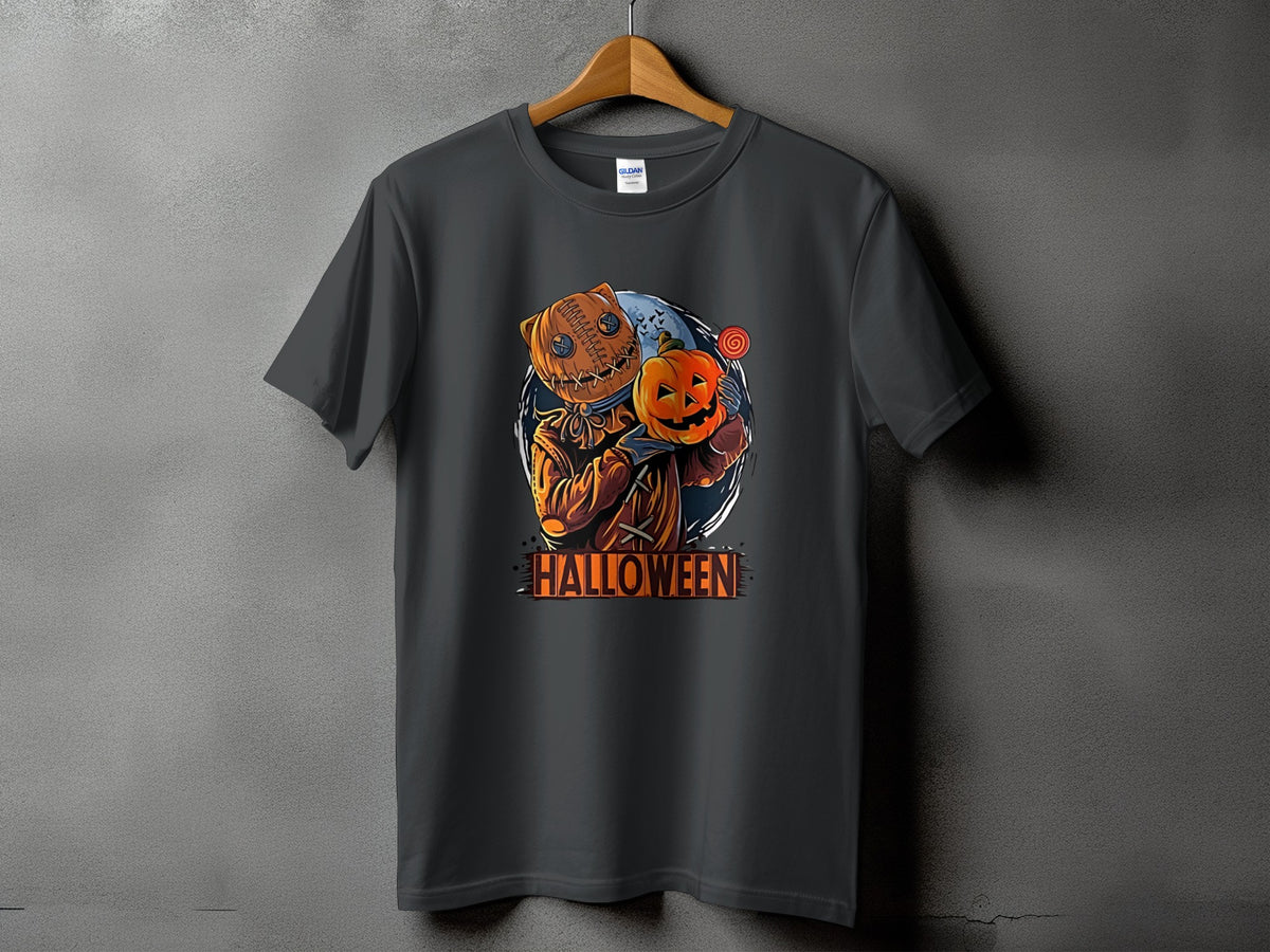 Dark grey t-shirt with a Halloween character holding a pumpkin and lollipop.