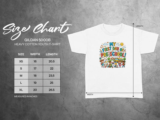 White Gildan youth t-shirt size chart with cartoon first day of pre-school graphic.