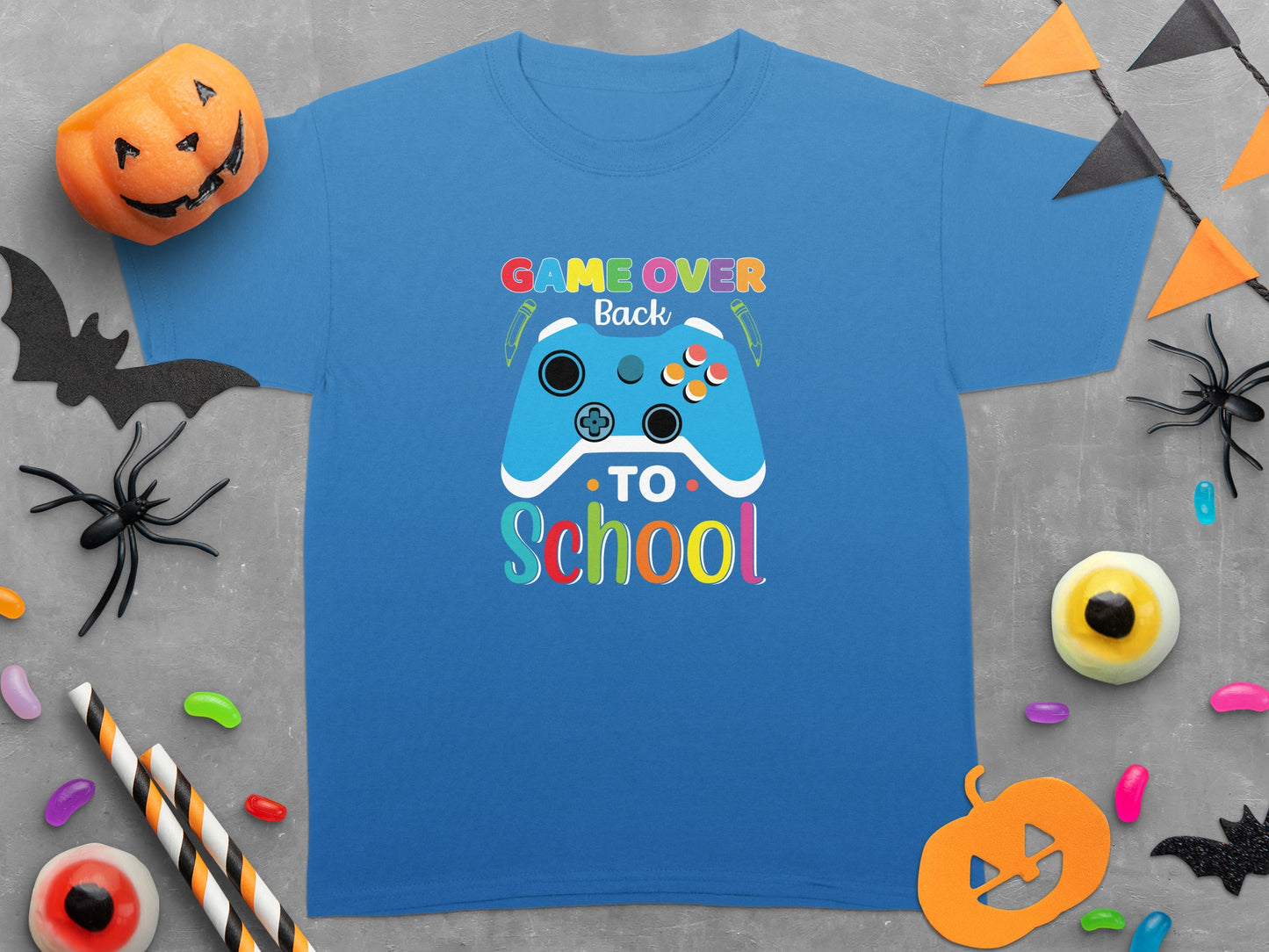 Blue t-shirt with "Game Over Back To School" graphic featuring a video game controller.