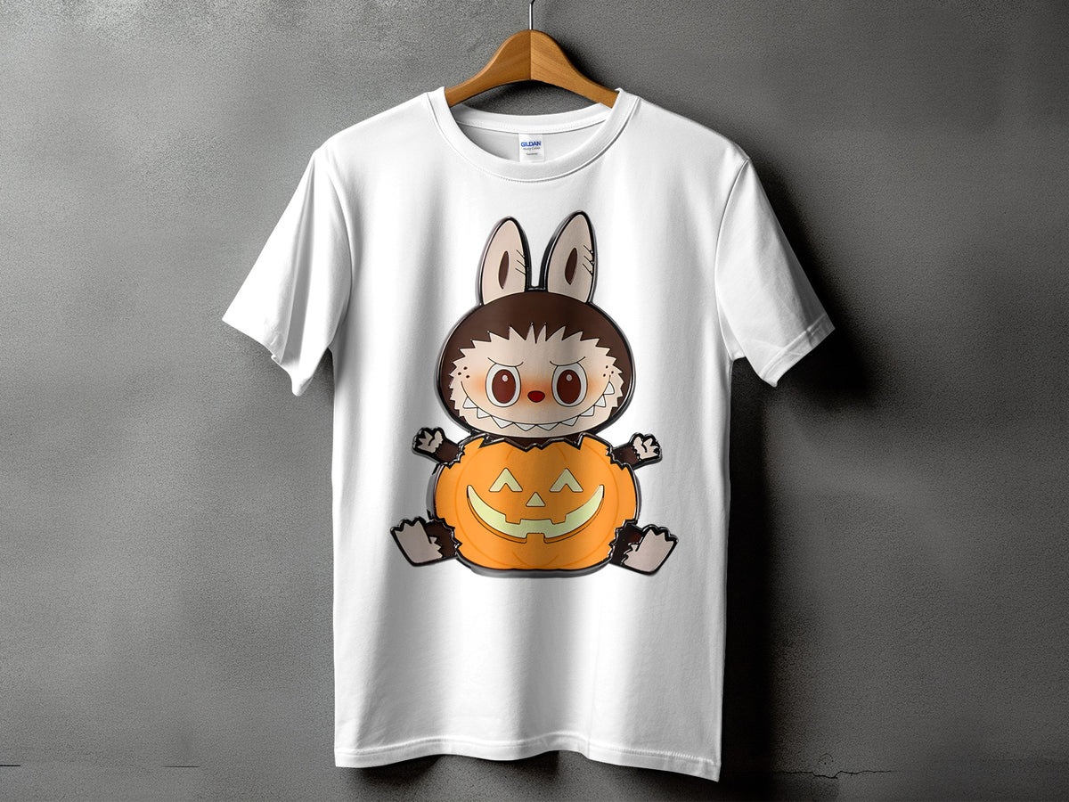 White t-shirt with a cartoon character sitting in a carved pumpkin.
