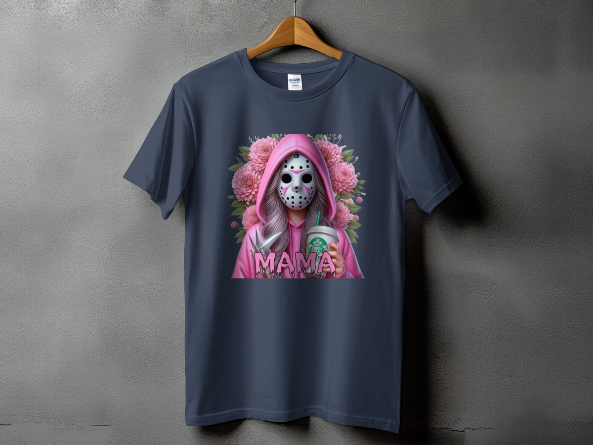 T-shirt with a graphic of a person in a pink hoodie and hockey mask holding a Starbucks cup.