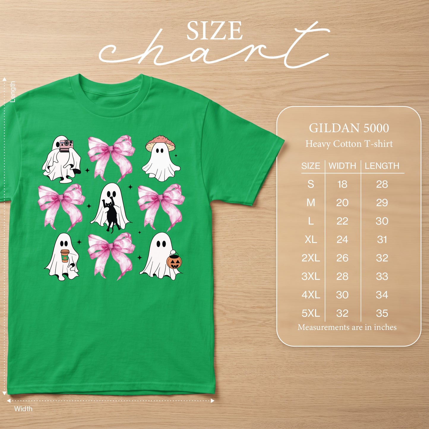 Green t-shirt with ghosts, bows, and a black cat. Size chart included.