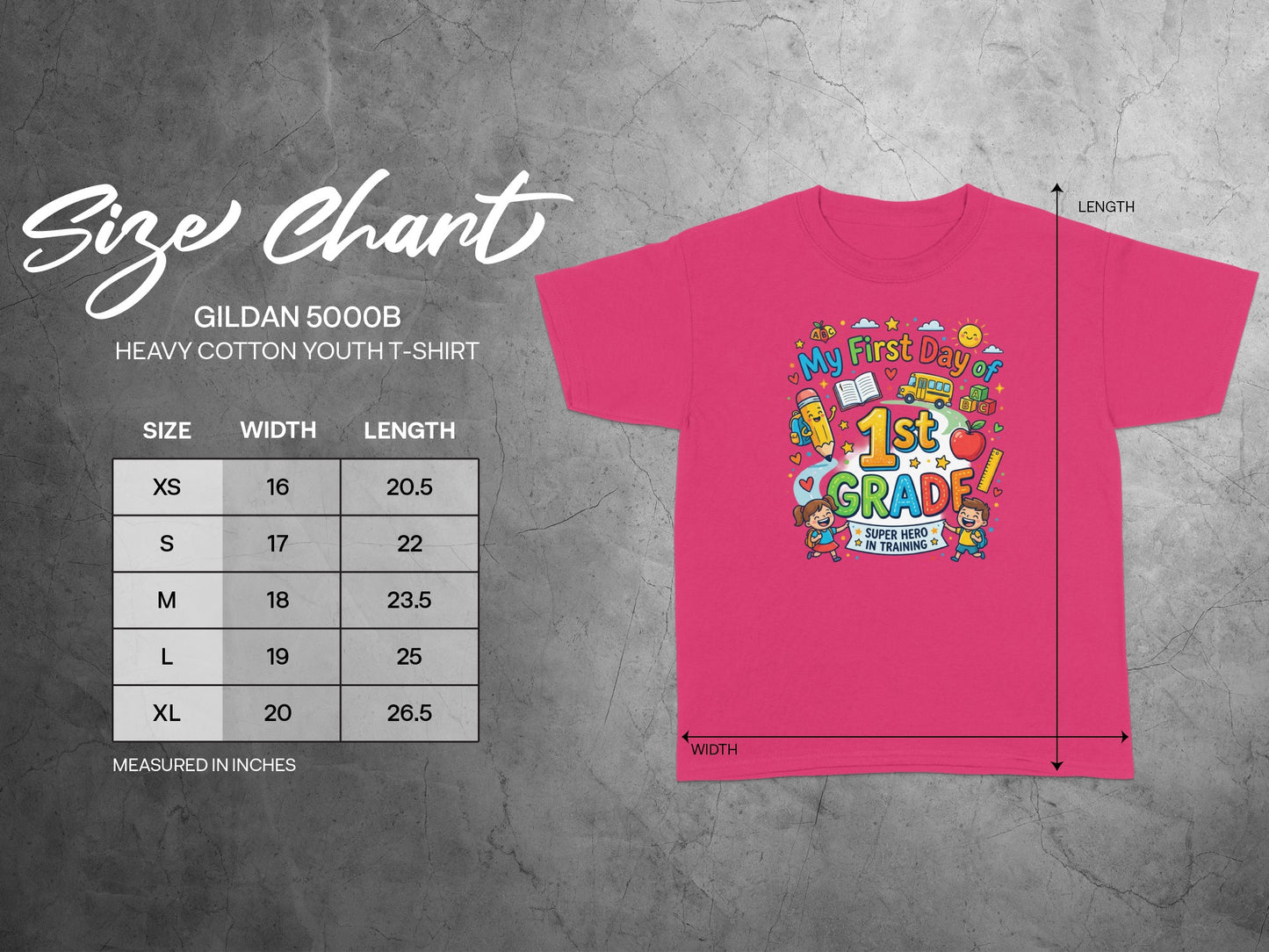Gildan 5000B youth t-shirt size chart with width and length measurements in inches.