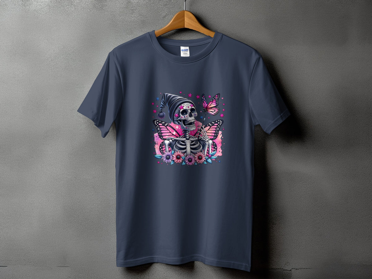 Dark blue t-shirt with a skeleton wearing a hat, butterflies, and flowers graphic.