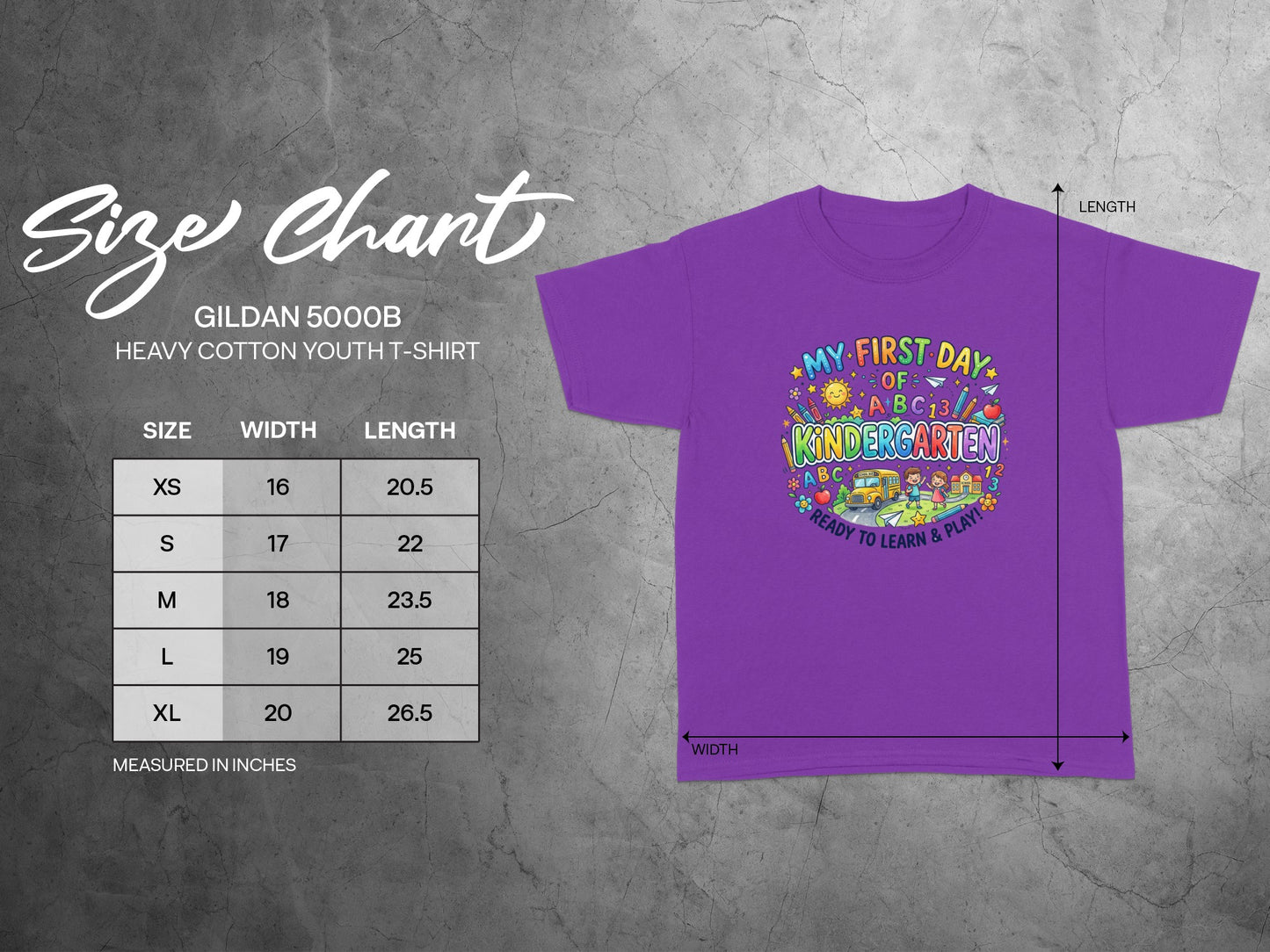 Gildan 5000B size chart with measurements for youth t-shirts.