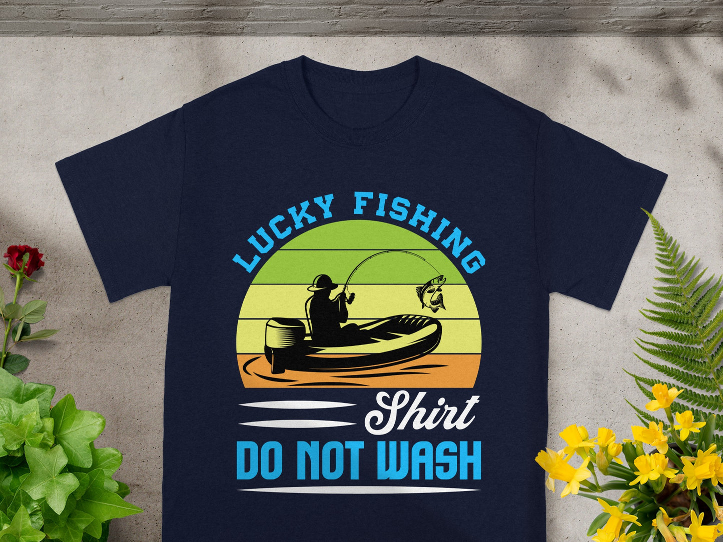 Lucky Fishing shirt graphic with angler in a boat and text "DO NOT WASH".