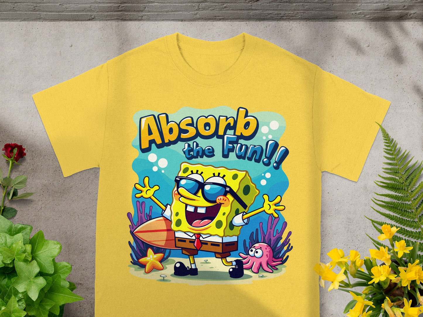 SpongeBob SquarePants with surfboard saying "Absorb the Fun!!"