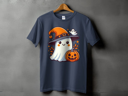Cute ghost in witch hat with pumpkin and small ghost on a navy t-shirt.
