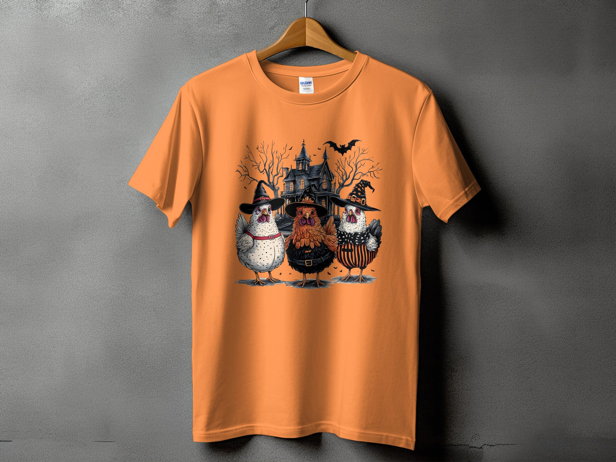 Three chickens in Halloween costumes stand before a spooky house.