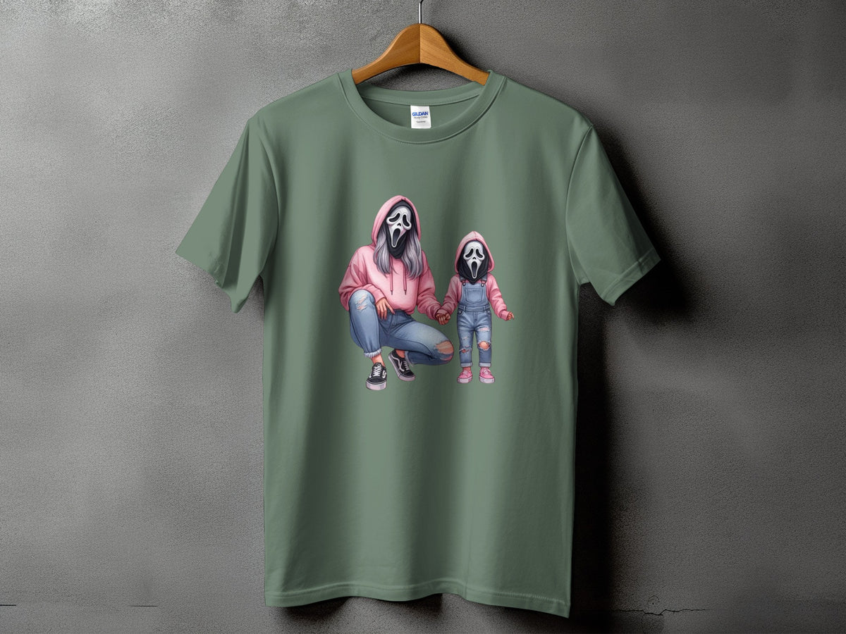 T-shirt with graphic of two figures in Scream masks, one adult, one child.