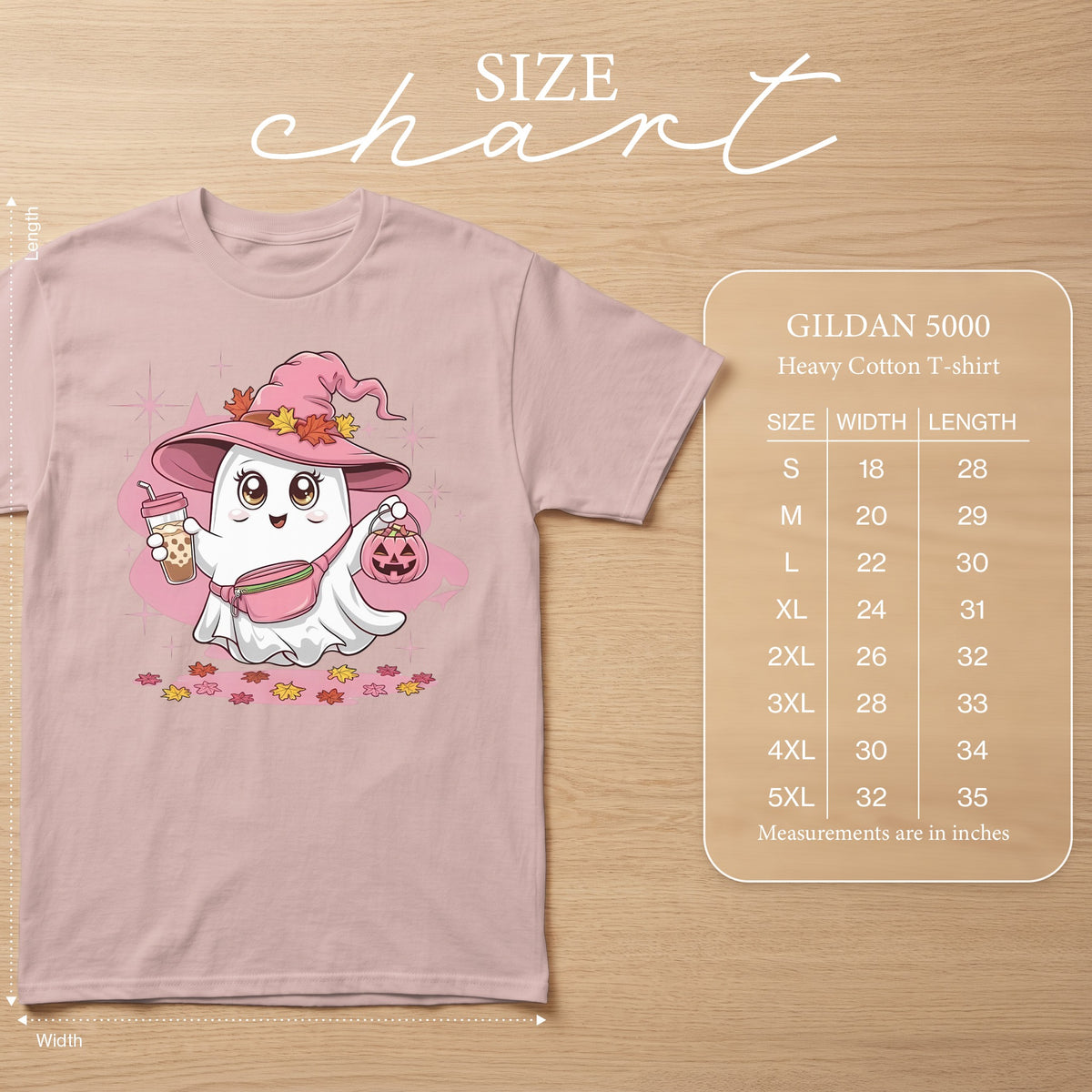 Gildan 5000 Heavy Cotton T-shirt size chart with cartoon ghost graphic.