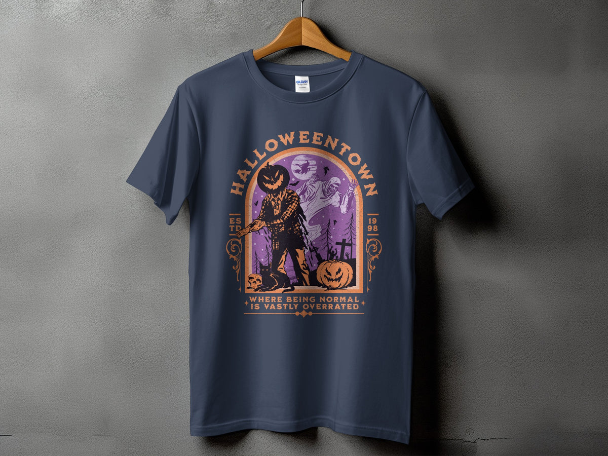 Dark t-shirt with "Halloweentown" graphic featuring a scarecrow, ghost, and pumpkins.