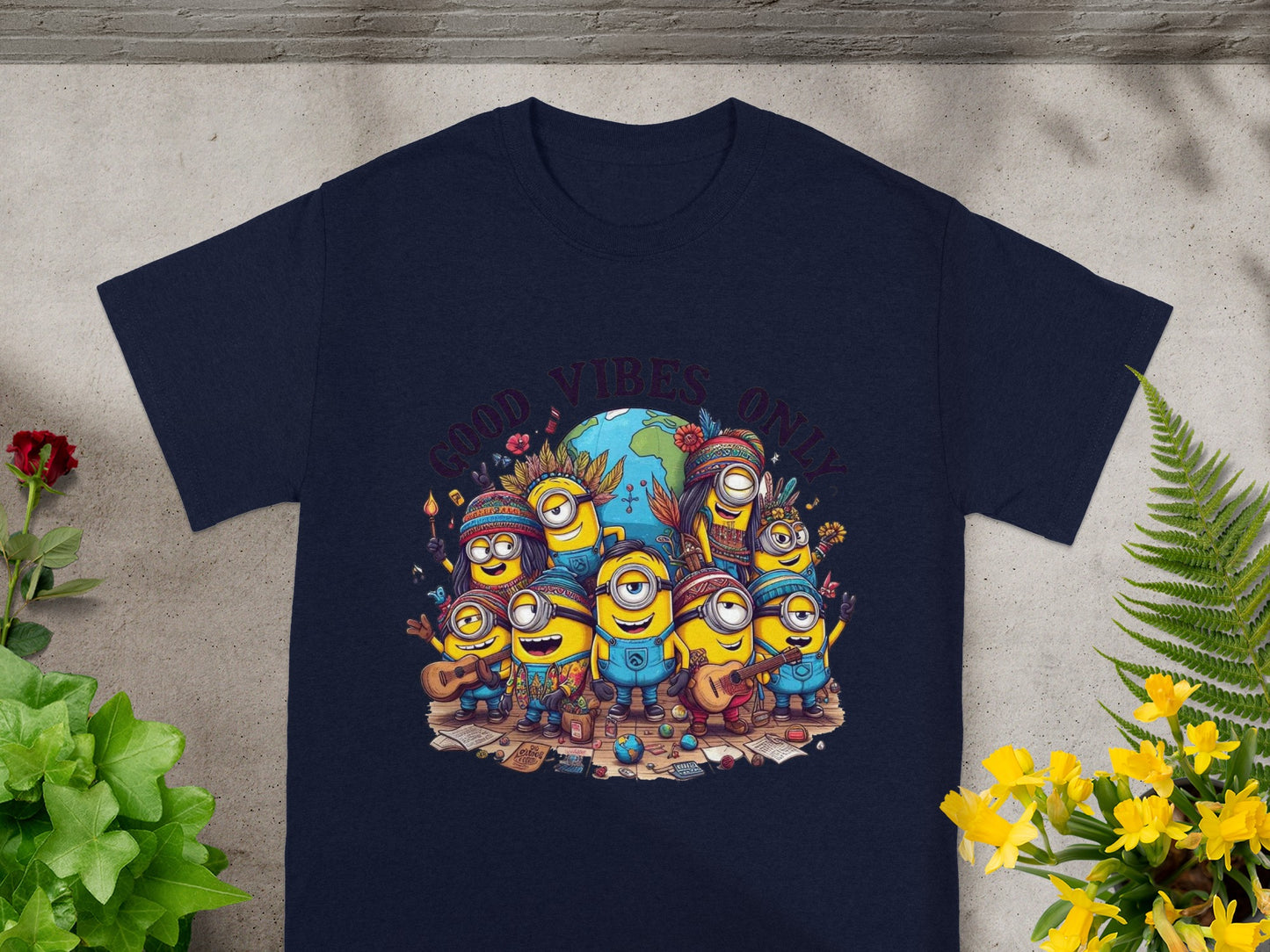 Minions wearing boho attire with a globe and "Good Vibes Only" text.