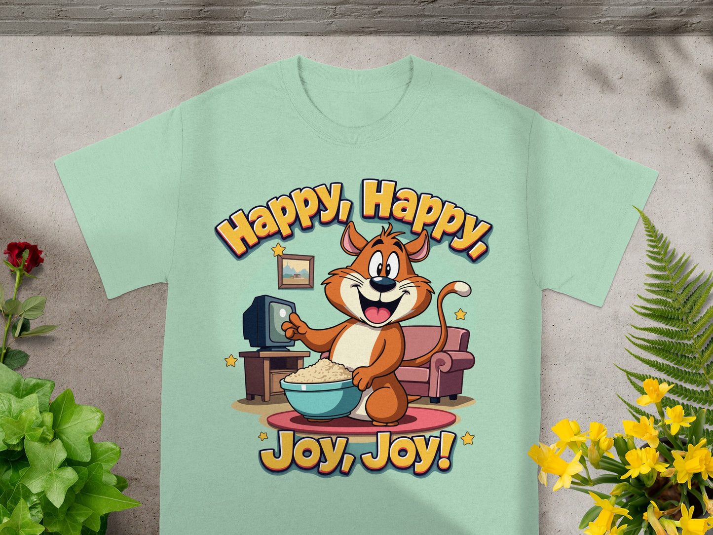 Cartoon cat with popcorn in front of TV on couch with text "Happy, Happy, Joy, Joy!".