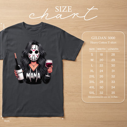 Dark grey t-shirt with illustration of woman in Jason mask holding wine and bottle.