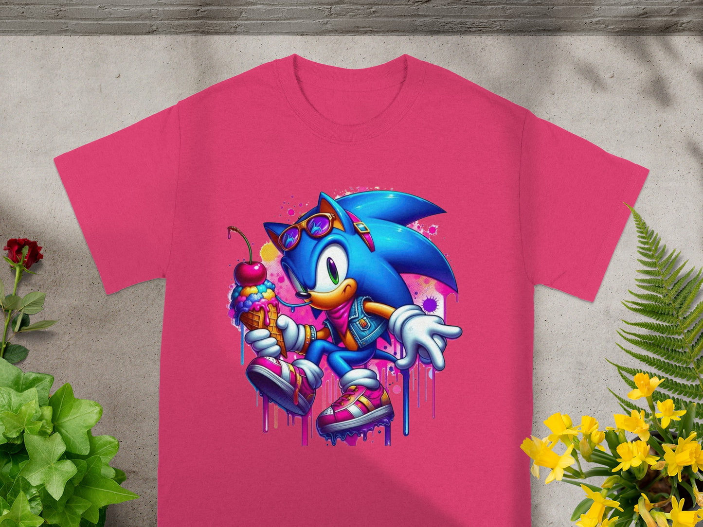 Sonic the Hedgehog wearing sunglasses and eating an ice cream cone.
