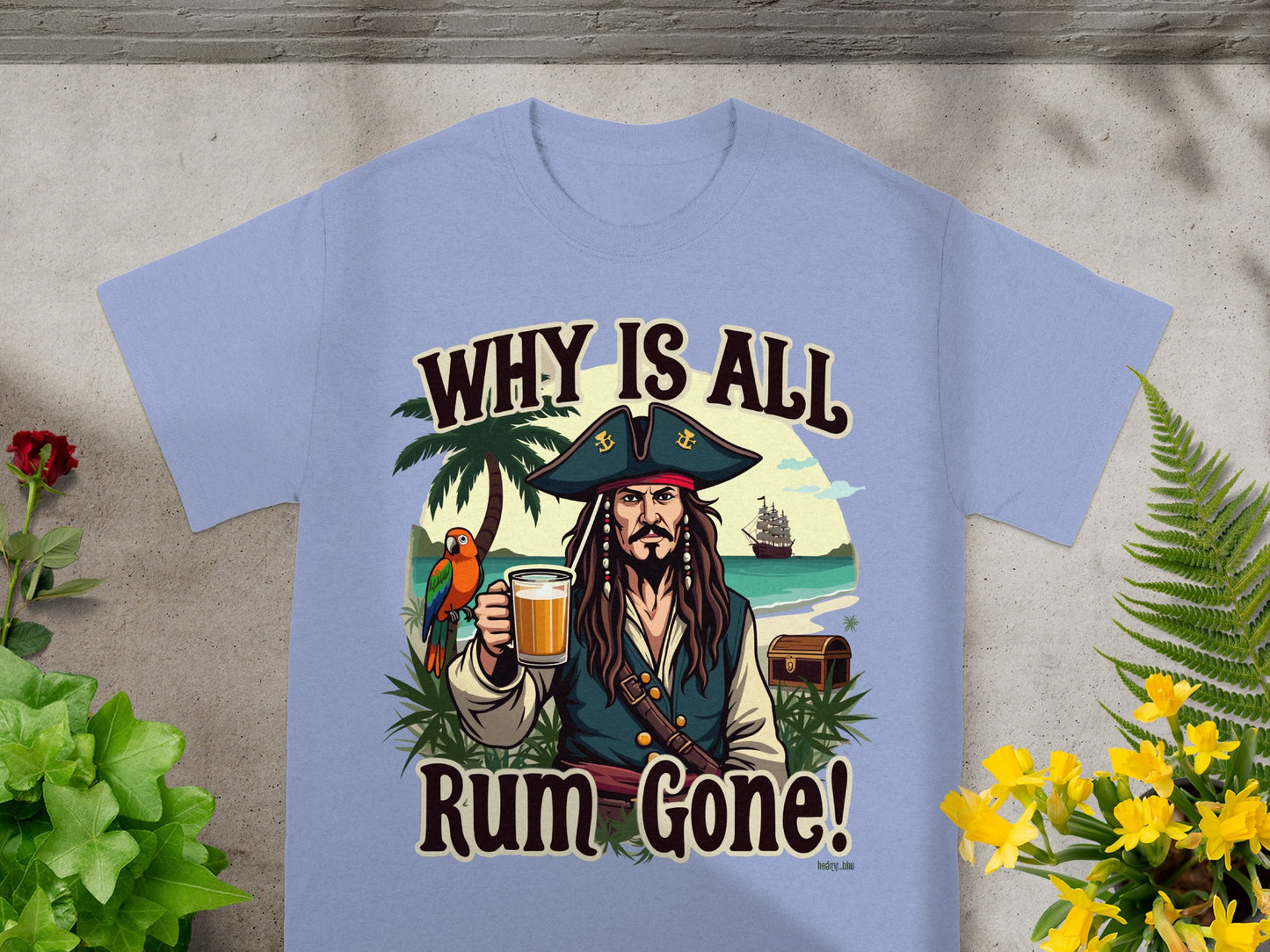 Pirate with parrot and beer, text "Why is all Rum Gone!"