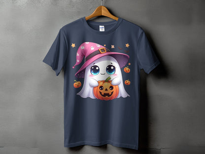 Cute ghost wearing a witch hat holds a jack-o'-lantern on a dark blue t-shirt.